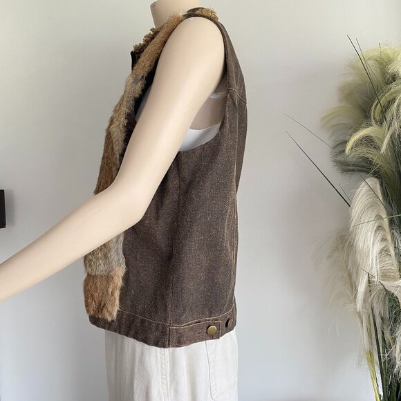 Spanner Rustic Brown Denim & Rabbit Fur Trim Vest SZ XL - Picture 4 of 12